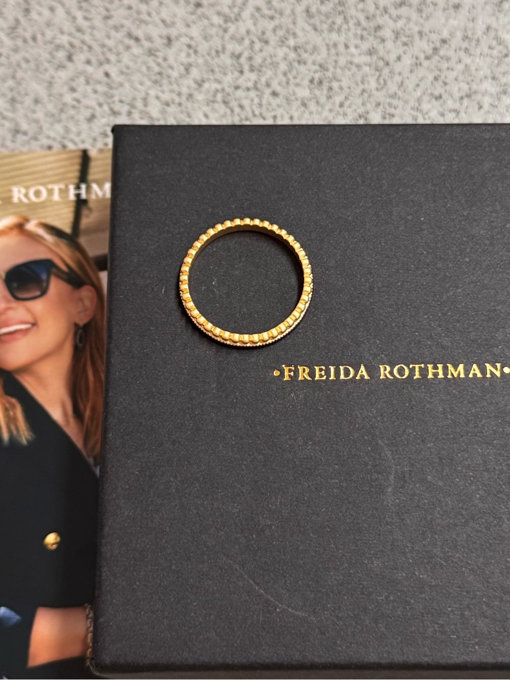 Freida Rothman Matte Gold Beaded Edge Stackable Ring - Picture 2 of 5